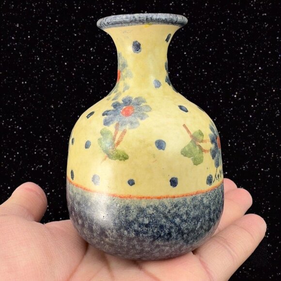 Italian Art Pottery Vase Painted Blue Flowers Colorful Vase Marked Italy 4"T - Picture 9 of 11